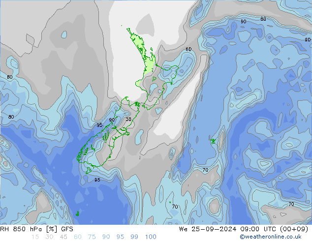 RH 850 hPa GFS Qua 25.09.2024 09 UTC