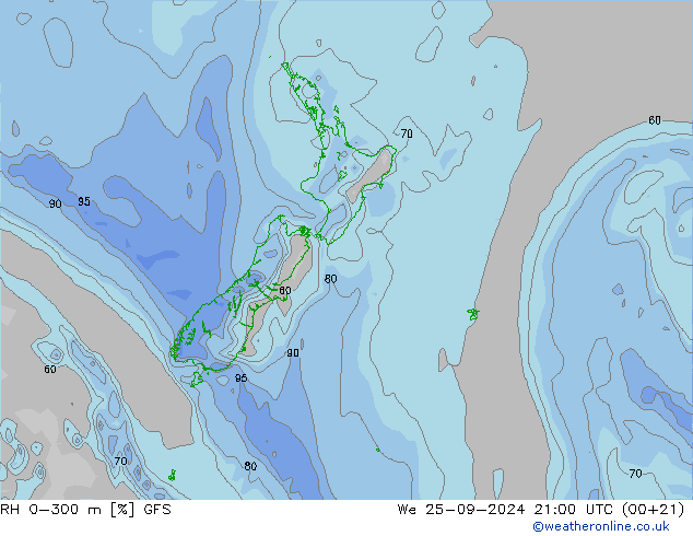 RH 0-300 m GFS mer 25.09.2024 21 UTC