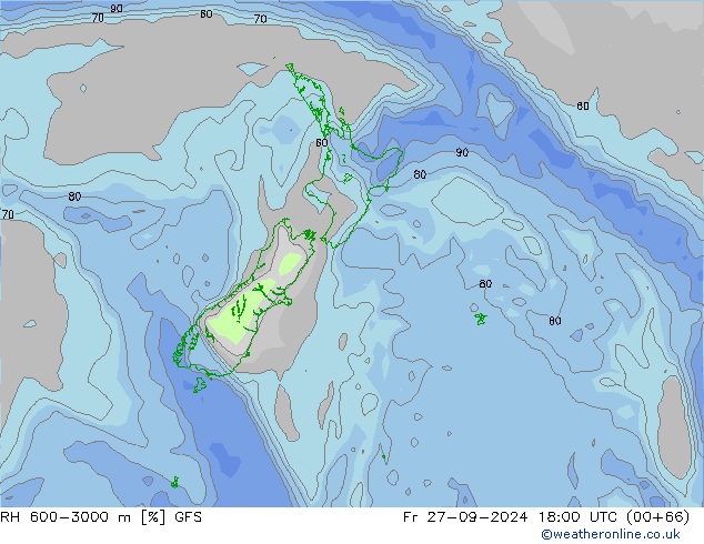 Humidité rel. 600-3000 m GFS ven 27.09.2024 18 UTC