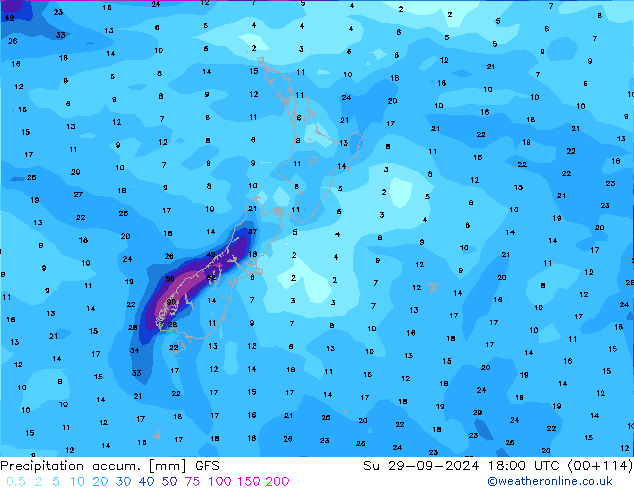 Precipitation accum. GFS Su 29.09.2024 18 UTC