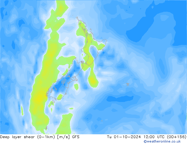 Deep layer shear (0-1km) GFS Tu 01.10.2024 12 UTC