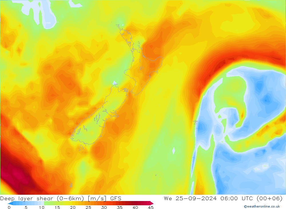 Deep layer shear (0-6km) GFS mer 25.09.2024 06 UTC