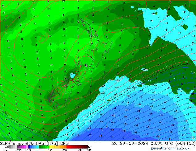 SLP/Temp. 850 hPa GFS nie. 29.09.2024 06 UTC