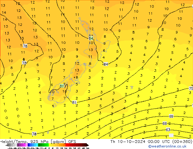 Géop./Temp. 925 hPa GFS jeu 10.10.2024 00 UTC