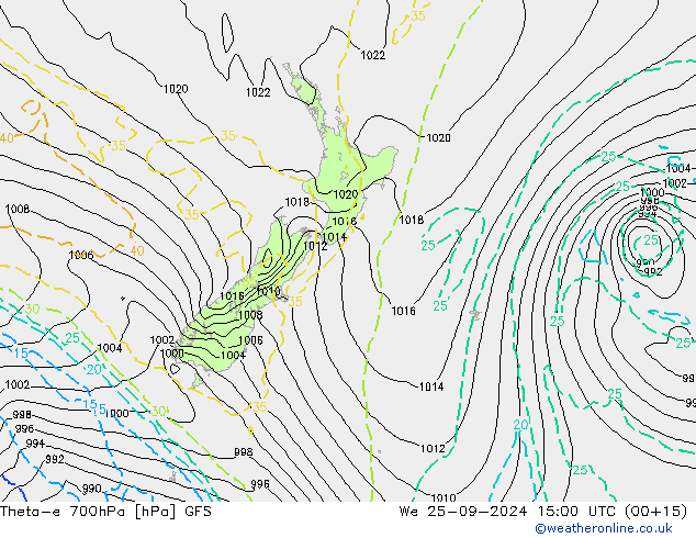 Theta-e 700hPa GFS śro. 25.09.2024 15 UTC