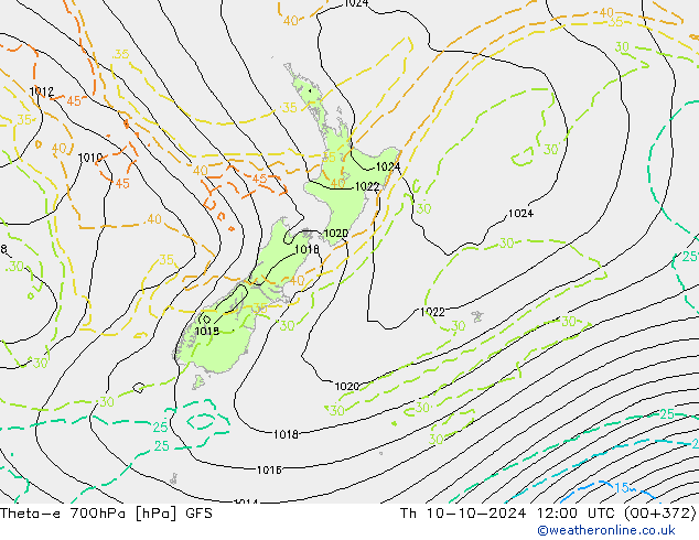 Theta-e 700hPa GFS czw. 10.10.2024 12 UTC