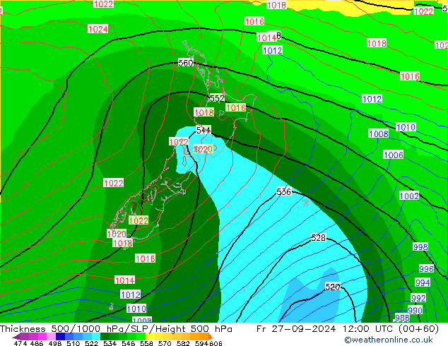 Espesor 500-1000 hPa GFS vie 27.09.2024 12 UTC