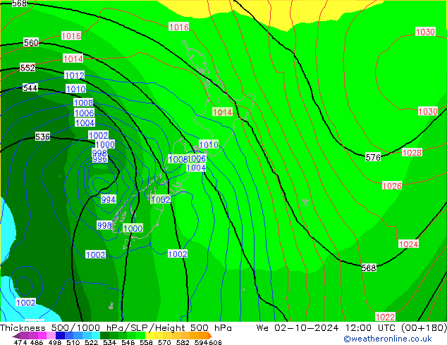 Dikte 500-1000hPa GFS wo 02.10.2024 12 UTC