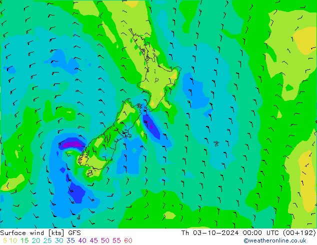Vent 10 m GFS jeu 03.10.2024 00 UTC