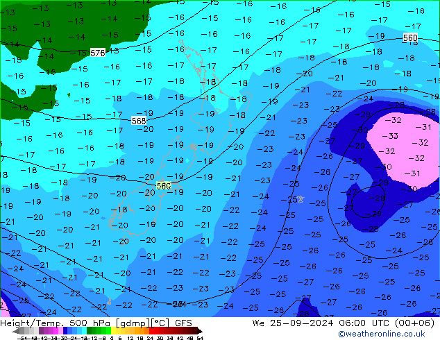 Height/Temp. 500 hPa GFS śro. 25.09.2024 06 UTC