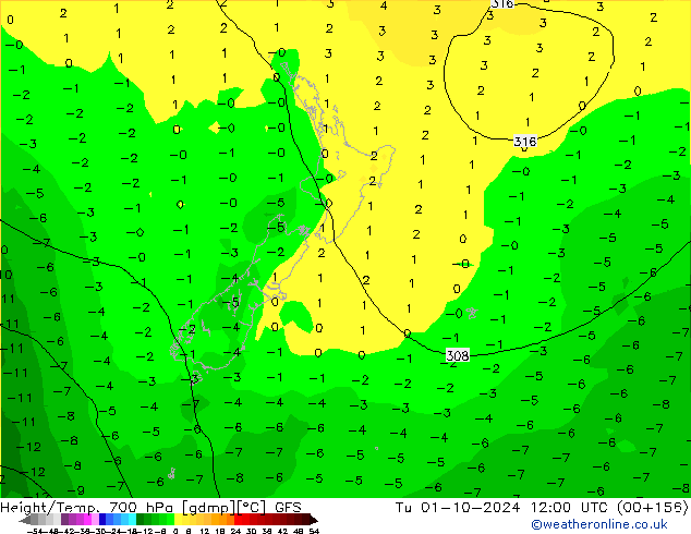 Height/Temp. 700 hPa GFS wto. 01.10.2024 12 UTC