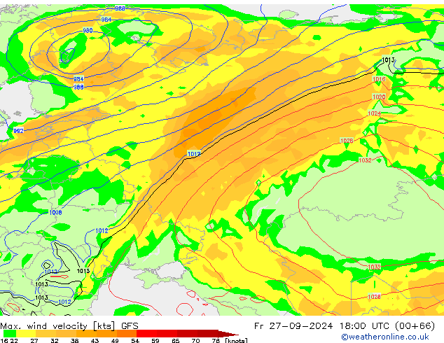 Max. wind snelheid GFS vr 27.09.2024 18 UTC