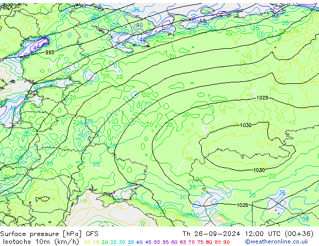 Isotachs (kph) GFS Th 26.09.2024 12 UTC