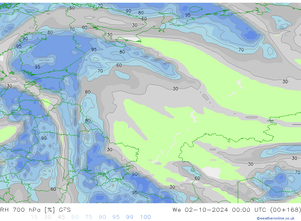 RH 700 hPa GFS Mi 02.10.2024 00 UTC