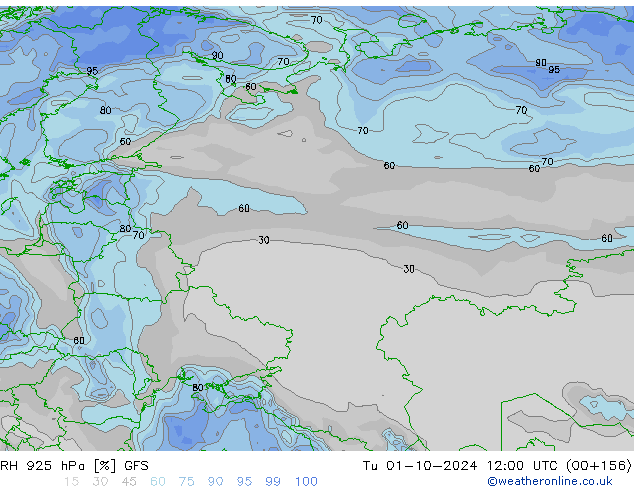 RH 925 hPa GFS Tu 01.10.2024 12 UTC