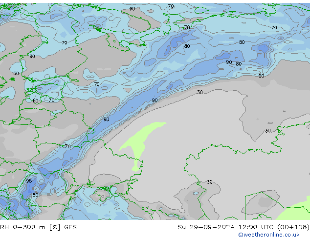 RH 0-300 m GFS nie. 29.09.2024 12 UTC