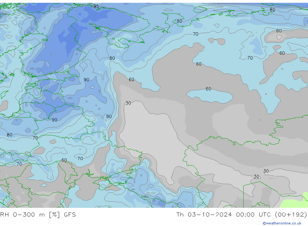 RH 0-300 m GFS Th 03.10.2024 00 UTC