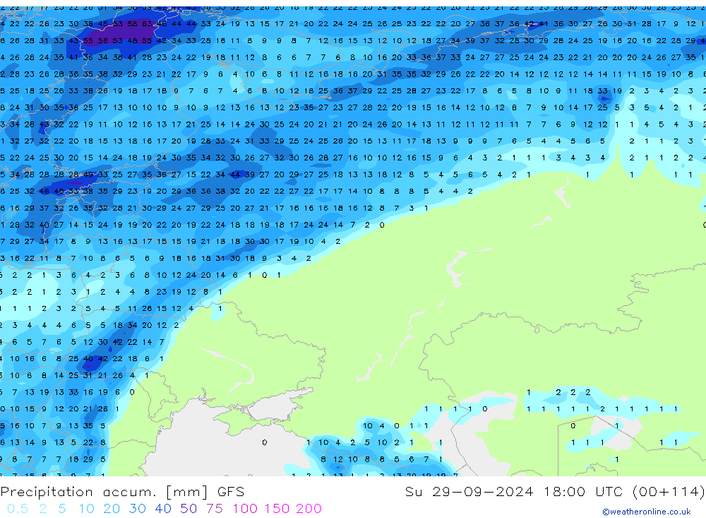 Précipitation accum. GFS dim 29.09.2024 18 UTC