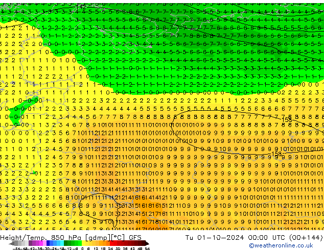 Height/Temp. 850 гПа GFS вт 01.10.2024 00 UTC