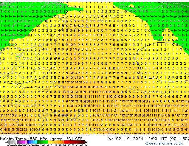 Yükseklik/Sıc. 850 hPa GFS Çar 02.10.2024 12 UTC