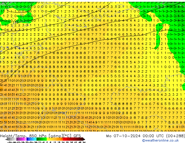 Height/Temp. 850 hPa GFS  07.10.2024 00 UTC