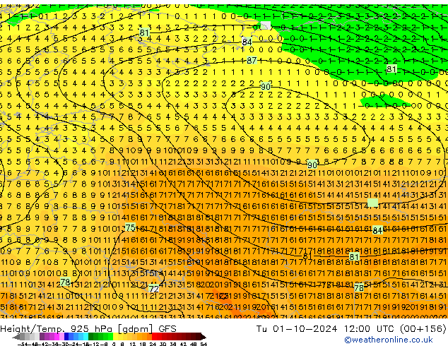 Geop./Temp. 925 hPa GFS mar 01.10.2024 12 UTC