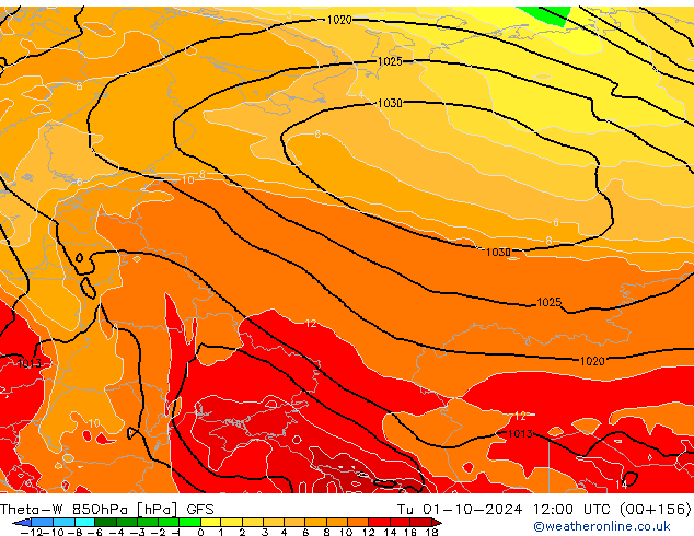 Theta-W 850hPa GFS Út 01.10.2024 12 UTC