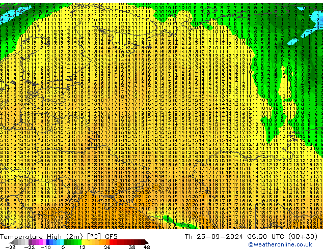 temperatura máx. (2m) GFS Qui 26.09.2024 06 UTC