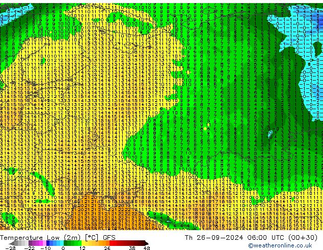 Temperature Low (2m) GFS Th 26.09.2024 06 UTC