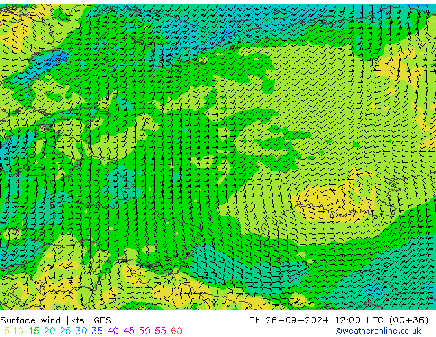 Surface wind GFS Čt 26.09.2024 12 UTC