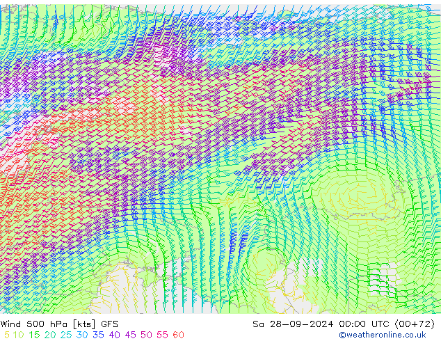 wiatr 500 hPa GFS so. 28.09.2024 00 UTC