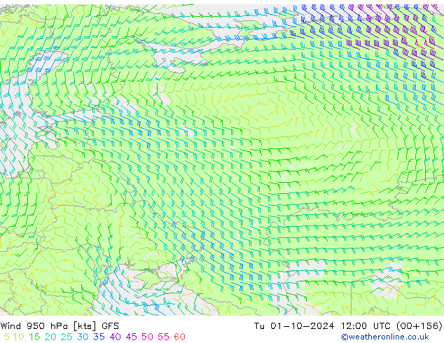 Vento 950 hPa GFS Ter 01.10.2024 12 UTC