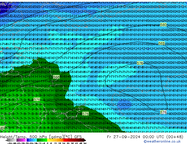 Z500/Rain (+SLP)/Z850 GFS ven 27.09.2024 00 UTC