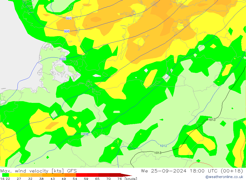 Max. wind velocity GFS mié 25.09.2024 18 UTC