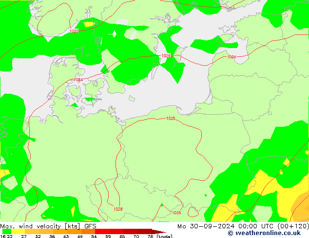 Max. wind velocity GFS lun 30.09.2024 00 UTC