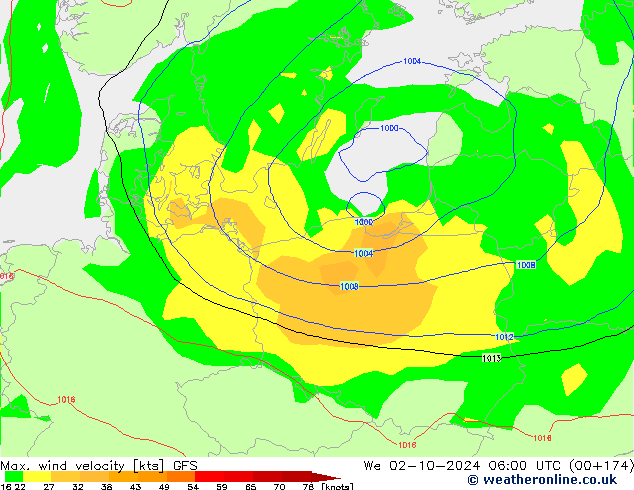 Max. wind velocity GFS We 02.10.2024 06 UTC