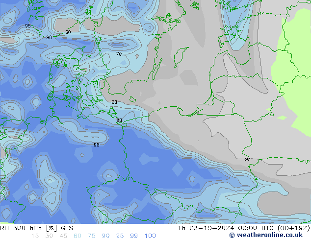 Humidité rel. 300 hPa GFS jeu 03.10.2024 00 UTC