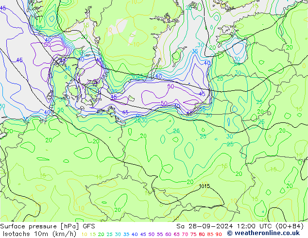 Isotachs (kph) GFS сб 28.09.2024 12 UTC