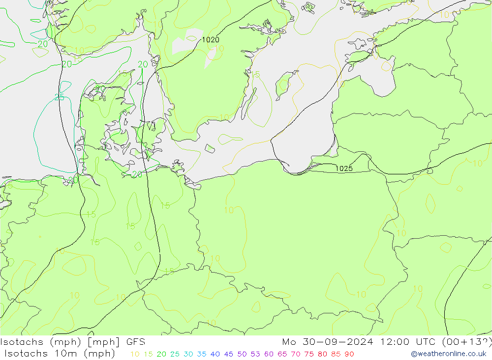 Isotachs (mph) GFS пн 30.09.2024 12 UTC