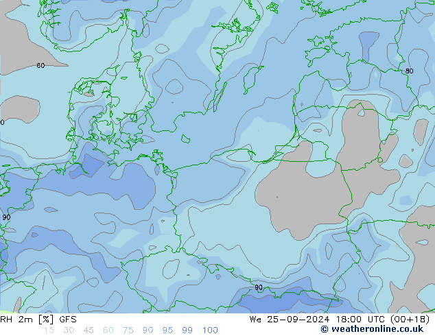 RH 2m GFS śro. 25.09.2024 18 UTC