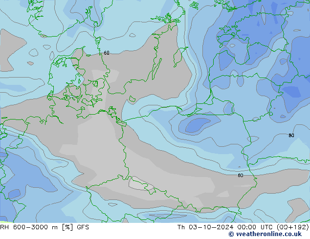 RH 600-3000 m GFS Th 03.10.2024 00 UTC