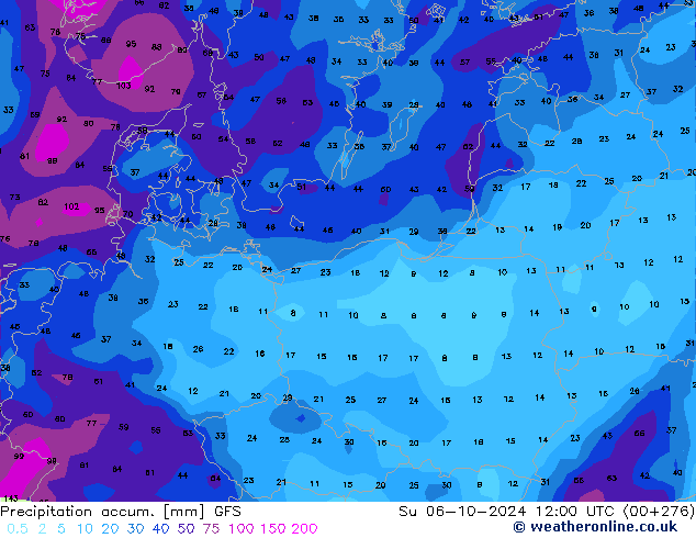 Précipitation accum. GFS dim 06.10.2024 12 UTC