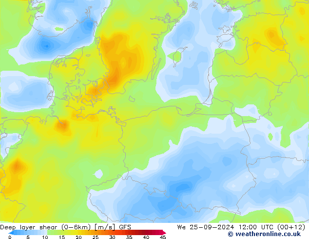 Deep layer shear (0-6km) GFS St 25.09.2024 12 UTC