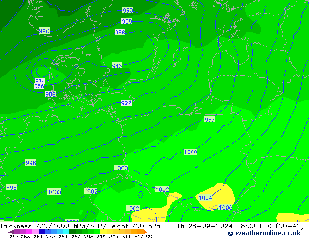 Espesor 700-1000 hPa GFS jue 26.09.2024 18 UTC