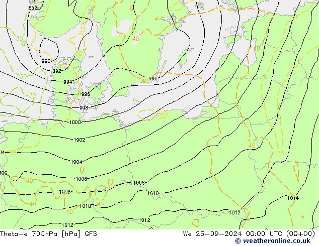 Theta-e 700hPa GFS Qua 25.09.2024 00 UTC