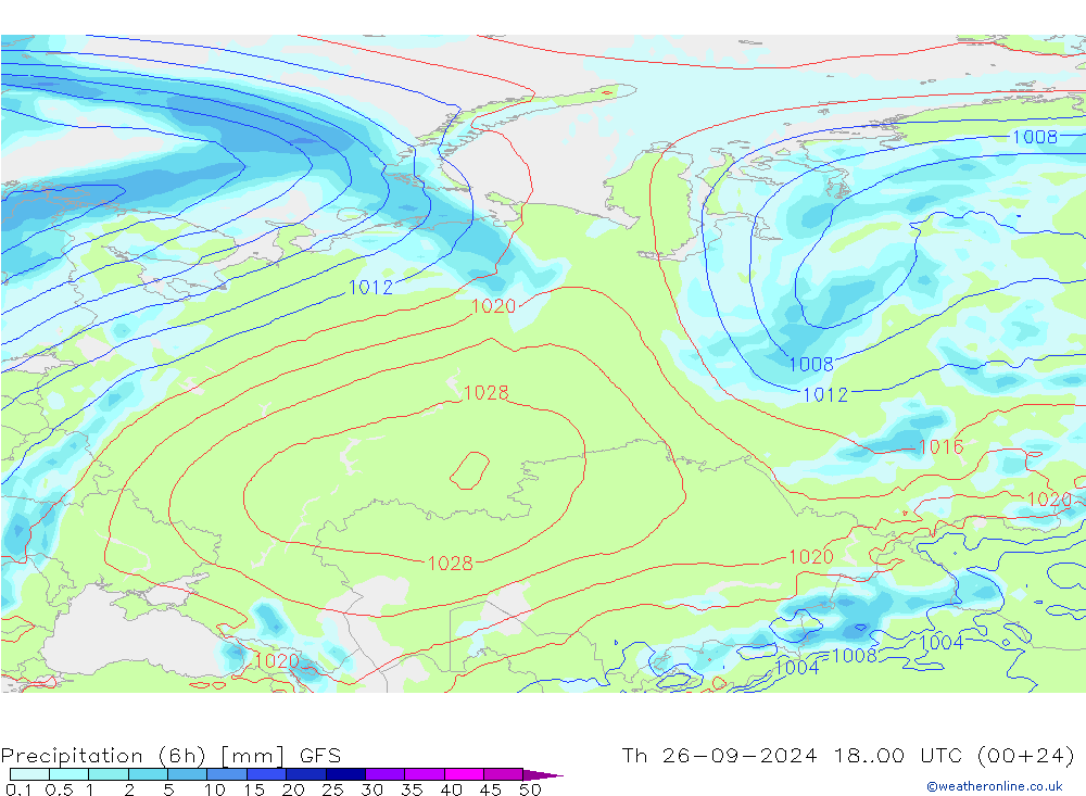 Prec 6h/Wind 10m/950 GFS czw. 26.09.2024 00 UTC