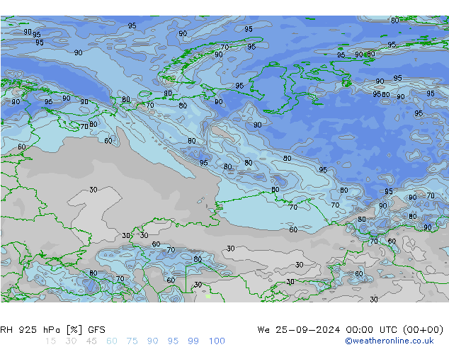 RH 925 hPa GFS We 25.09.2024 00 UTC