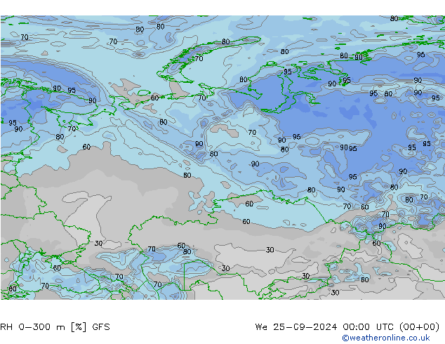 RH 0-300 m GFS We 25.09.2024 00 UTC