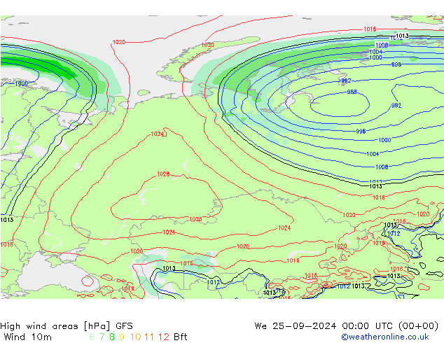 High wind areas GFS mié 25.09.2024 00 UTC