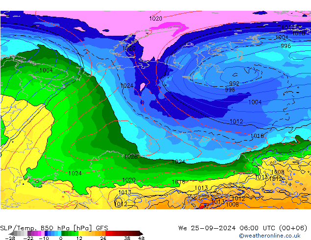 SLP/Temp. 850 hPa GFS śro. 25.09.2024 06 UTC